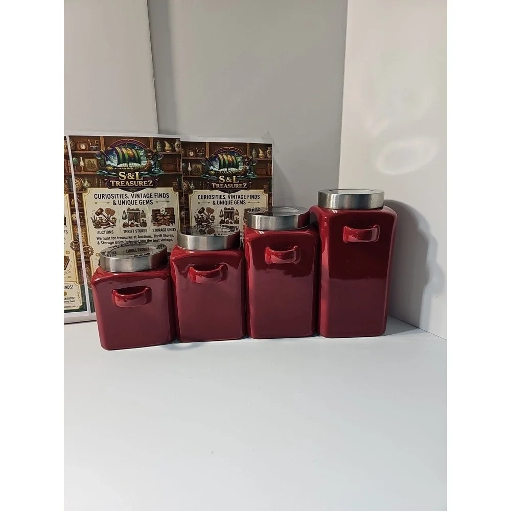 Mainstays 4 Piece Red Ceramic Set With Twist Tops And Spoon Holders